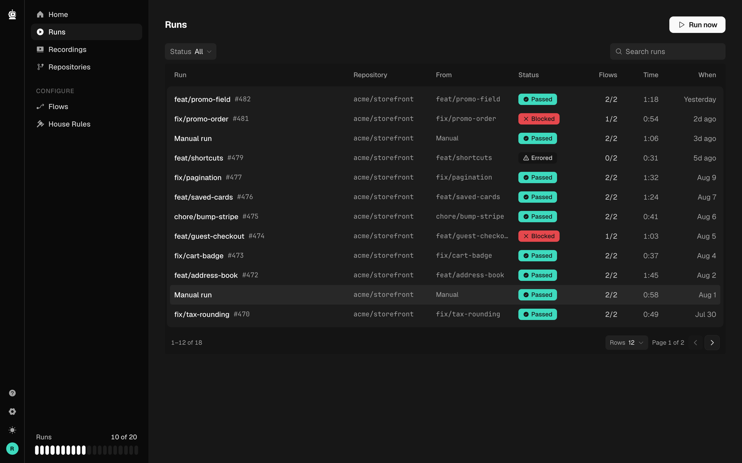 The Tada dashboard's Runs screen: five runs, each wearing its verdict: passed, blocked, didn't finish, with flow counts and durations.